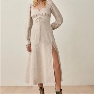 Reformation Tan Midi Sundress with Sweetheart Neckline and Bishop Sleeves